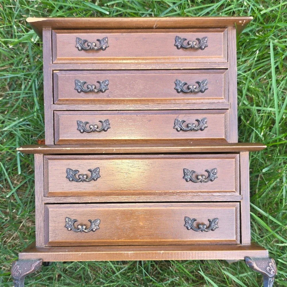 Vintage Miniature Wood Highboy Dresser Jewelry Music Box 5 Drawer Blue Lining